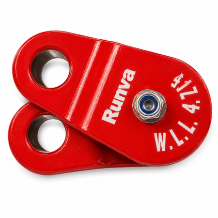 Red double-sheave snatch block for winching, with a central mounting bolt