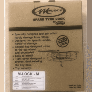 Box for M-Lock spare tyre lock with features list and diagram of lock assembly on the front panel.