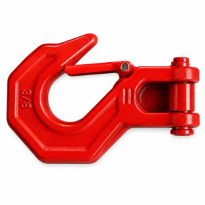Red metal lifting hook with a hinged jaw on a white background