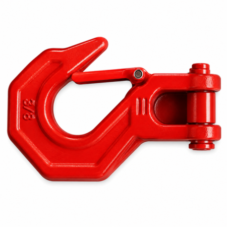 Red metal lifting hook with a hinged jaw on a white background