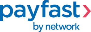 Payfast logo in blue with a red chevron, plus the tagline "by network" beneath it.