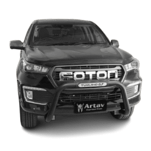 Front view of a black Foton Tunland G7 pickup with a heavy-duty bull bar and Artav plate signage