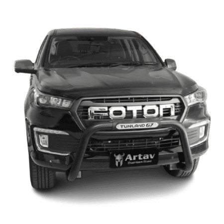 Front view of a black Foton Tunland G7 pickup with a heavy-duty bull bar and Artav plate signage