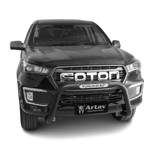 Front view of a black Foton Tunland G7 pickup with a heavy-duty bull bar and Artav plate signage