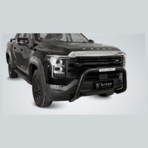 Front view of a black pickup truck equipped with a heavy-duty bull bar and rugged bumper, highlighting its off-road styling.