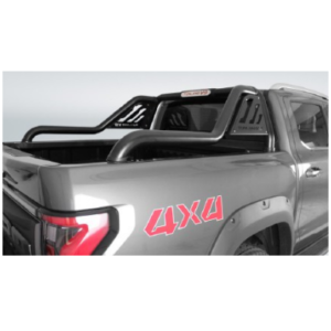 Grey pickup truck with black roll bars and bed rails, featuring a red 4x4 decal on the rear quarter panel.
