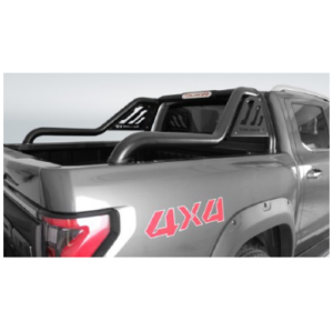Gray pickup truck shown from the rear side with a red 4x4 decal and a Roll Bar / Roll Bar / Sports Bar in the bed.