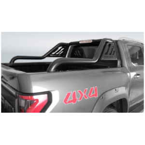 Gray pickup truck shown from the rear side with a red 4x4 decal and a roll bar in the bed.