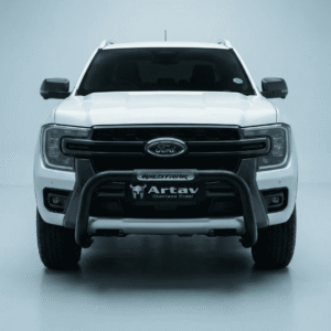 Front view of a white Ford pickup with a heavy-duty black bull bar labeled 'Artav Stainless Steel' and 'Wildtrak' badge on the bar.