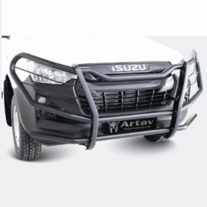 Front view of an Isuzu pickup with a heavy stainless steel bull bar and grille guard, including an Artav Stainless Steel plate on the bumper.