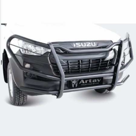 Front view of an Isuzu pickup with a heavy stainless steel bull bar and grille guard, including an Artav Stainless Steel plate on the bumper.