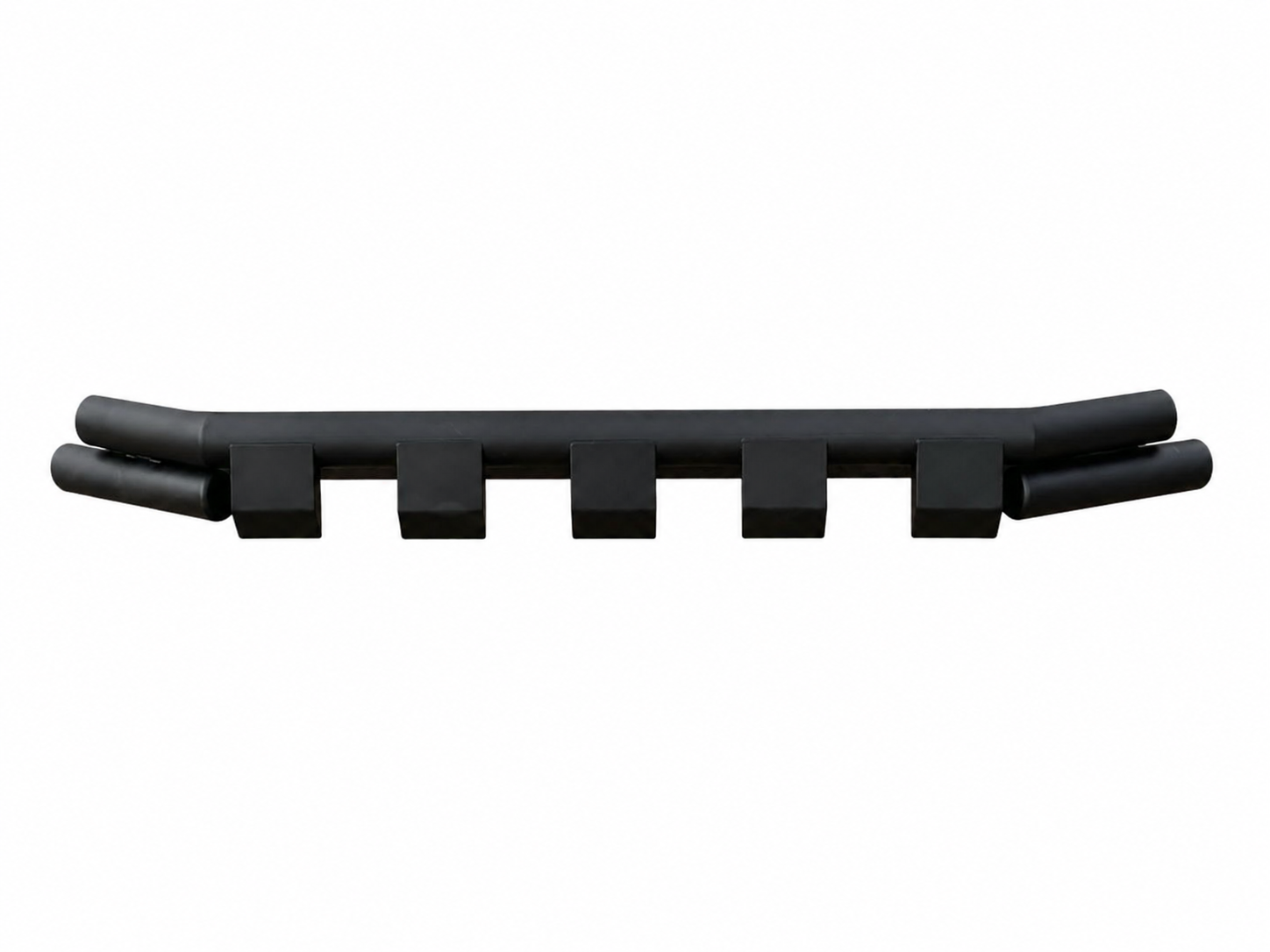 Black curved bar with five rectangular blocks hanging beneath, forming a simple modular rack or support system against a white background.