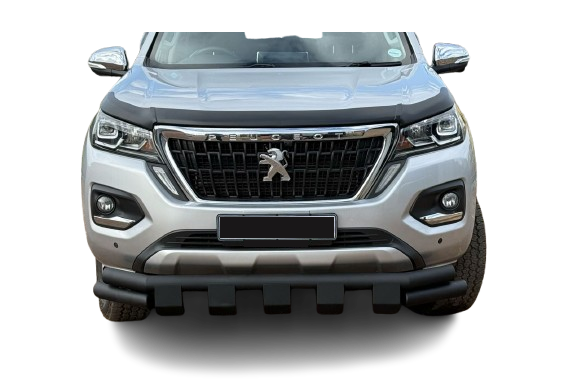 Front view of a white Peugeot SUV displaying the grille, Peugeot emblem, LED headlights, and dark bumper guard.