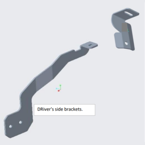 3D CAD rendering of driver's-side metal brackets (two dark gray, bent pieces) for a vehicle mount.