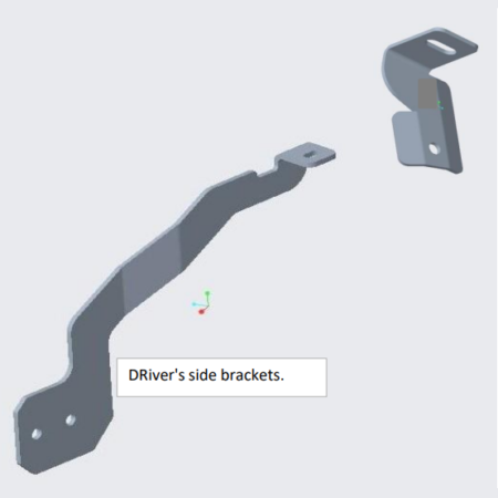 3D CAD rendering of driver's-side metal brackets (two dark gray, bent pieces) for a vehicle mount.