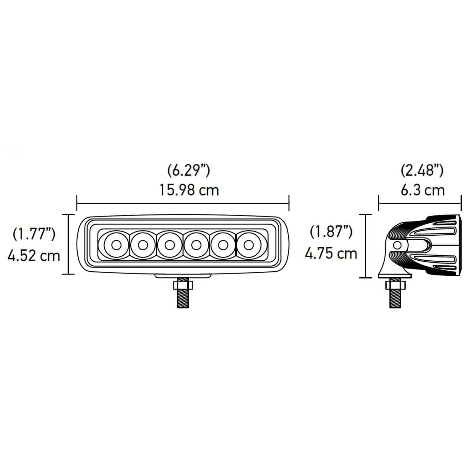 Technical drawing of a rectangular LED light bar with seven circular LED elements, shown front and side with mounting bolt; overall length 6.29 in (15.98 cm), height 1.77 in (4.52 cm); depth 2.48 in (6.3 cm), side height 1.87 in (4.75 cm).