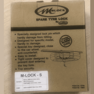 Box for M-LOCK spare tyre lock with bullet-point features and a diagram of the lock and wheel carrier at right side.