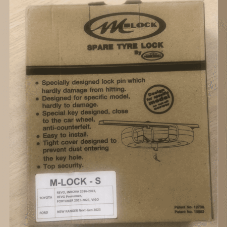 Box for M-LOCK spare tyre lock with bullet-point features and a diagram of the lock and wheel carrier at right side.