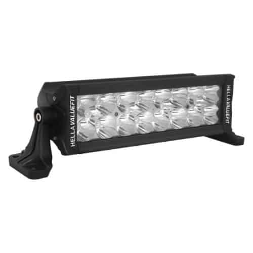 Off-road LED light bar with multiple LEDs in a black housing and mounting bracket