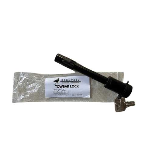 Towbar lock with keys attached, displayed on clear plastic packaging; used to secure a trailer hitch.