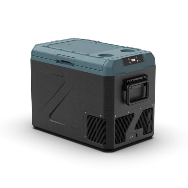 Portable camping cooler with teal lid, black body, and built-in side handle on the front panel