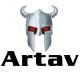 Logo showing a silver Viking helmet with red-eyed visor above the bold word 'Artav' in black serif type
